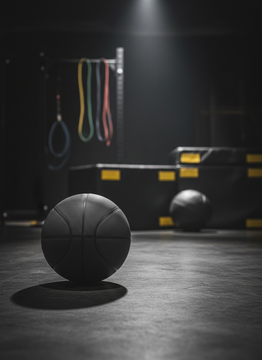 A close-up of a high-quality, matte-black basketball resting on the floor of a dimly lit training facility, fine pebbled texture and embossed seams clearly defined. In the background, out of focus, stand sturdy black and yellow plyometric boxes, resistance bands, and a medicine ball, hinting at an intense strength and conditioning environment. A single overhead spotlight creates dramatic, directional lighting that highlights the ball’s surface and casts a strong, elongated shadow. The composition uses rule of thirds with a low, side-on camera angle, creating a bold, cinematic athletic mood that speaks to discipline, high performance, and professional preparation for elite competition.