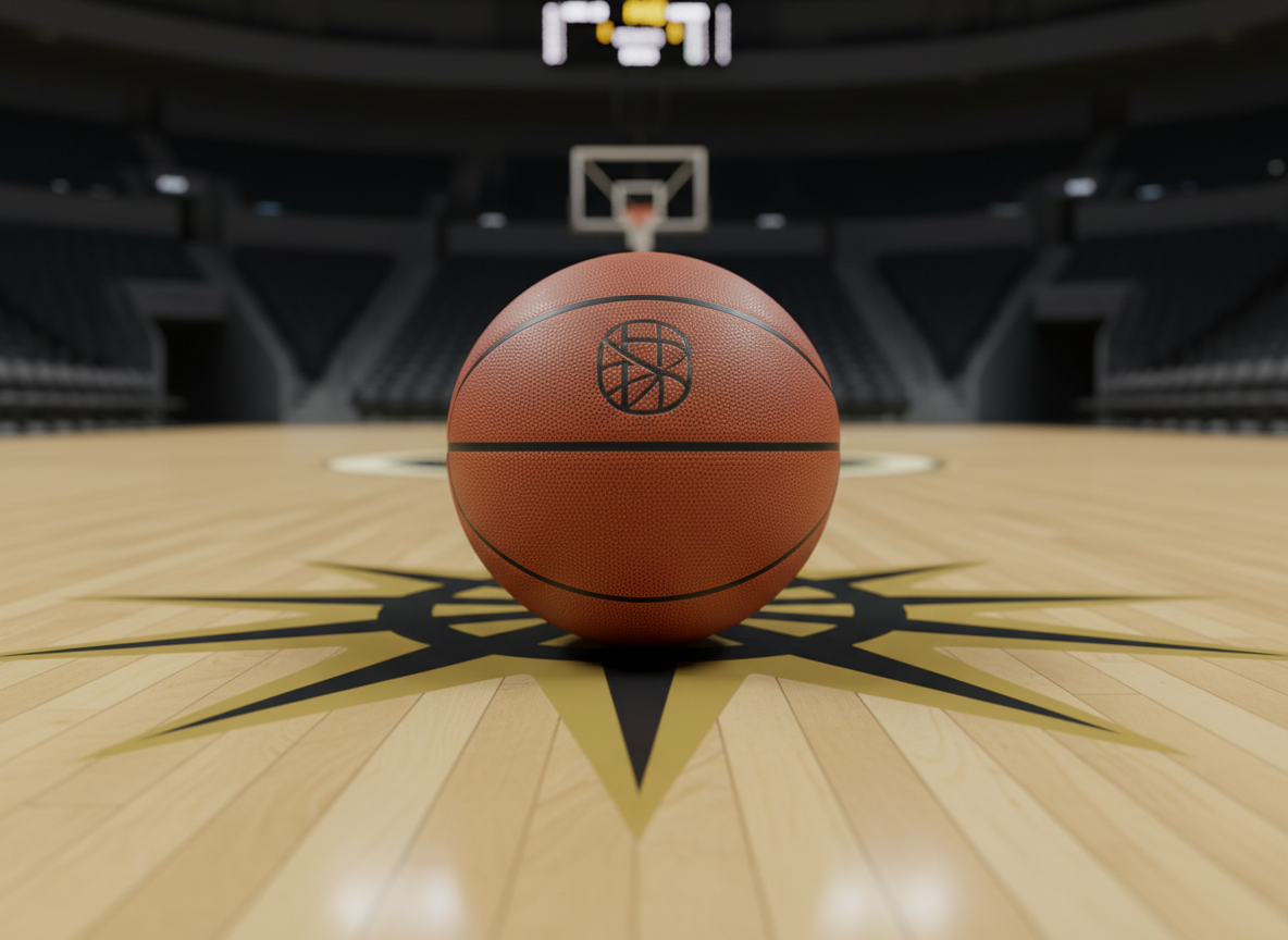 A meticulously detailed, brand-new composite leather basketball resting at center court on a polished hardwood floor, the grain of the wood clearly visible and reflecting subtle highlights. The university-style half-court logo beneath is abstracted and generic, using bold gold and black geometric shapes without any readable text. Overhead arena lights create crisp, photographic realism with bright, even illumination and soft shadows radiating from the ball. The background fades into a gentle bokeh of empty bleachers and a faint scoreboard glow, emphasizing a professional, high-level environment. Captured from a low, slightly angled side view with shallow depth of field, the mood is ambitious, focused, and professional, perfectly suited for a business-oriented basketball brand homepage.