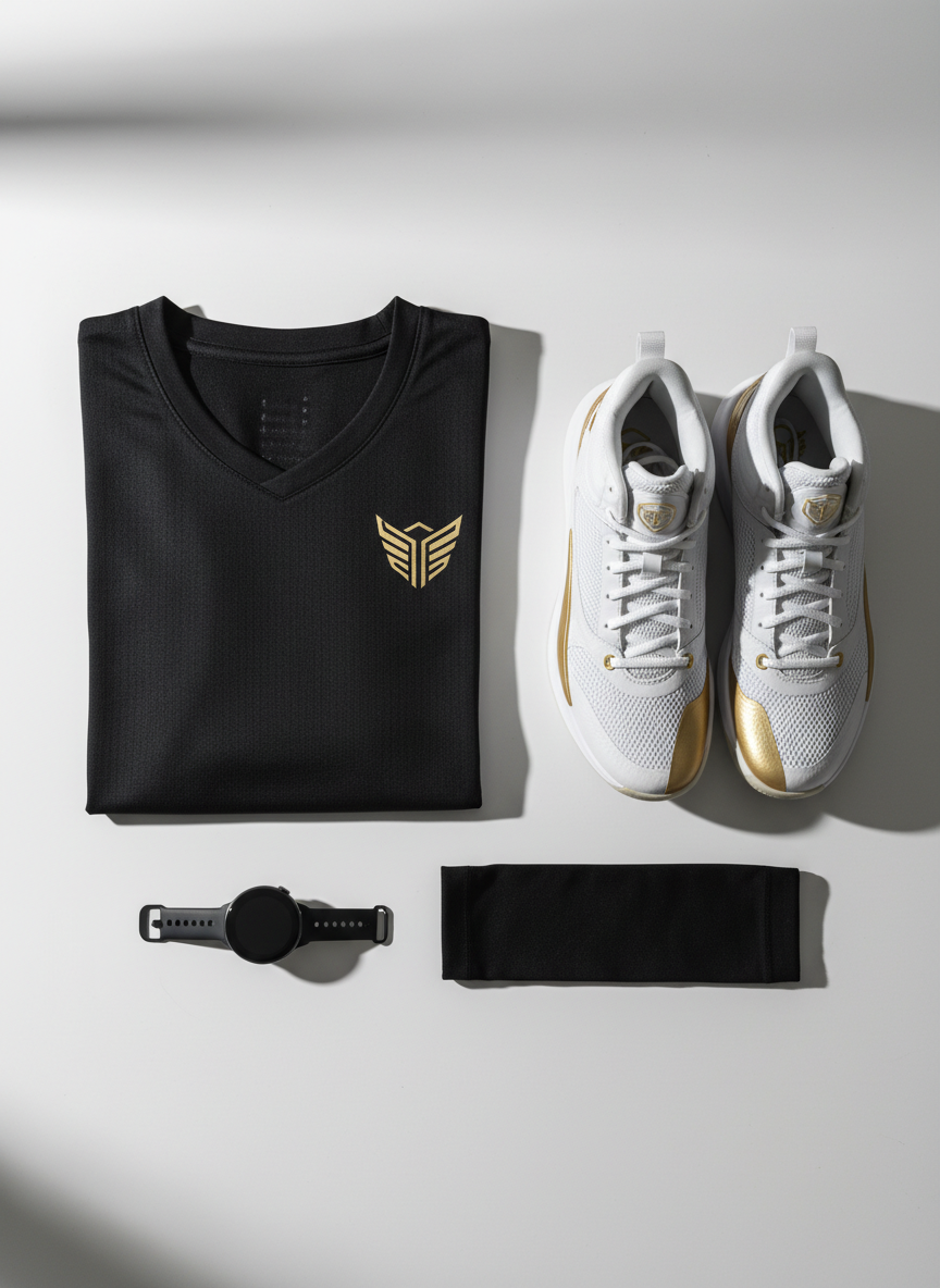 A pristine, neatly folded black performance basketball jersey laid flat on a clean matte white tabletop, with no team name or number, only a small, abstract golden emblem at the chest suggesting a personal brand. Beside it sit a pair of modern, mid-top basketball shoes in white and gold, their mesh and synthetic materials rendered in sharp photographic realism. A sleek smartwatch and minimalist black compression sleeve complete the arrangement. Soft, diffused studio lighting from the left creates gentle shadows and subtle sheen on the fabrics. Shot from a slightly elevated top-down angle, the composition is balanced and uncluttered, conveying a professional, NIL-ready aesthetic ideal for showcasing apparel and sponsorship potential.