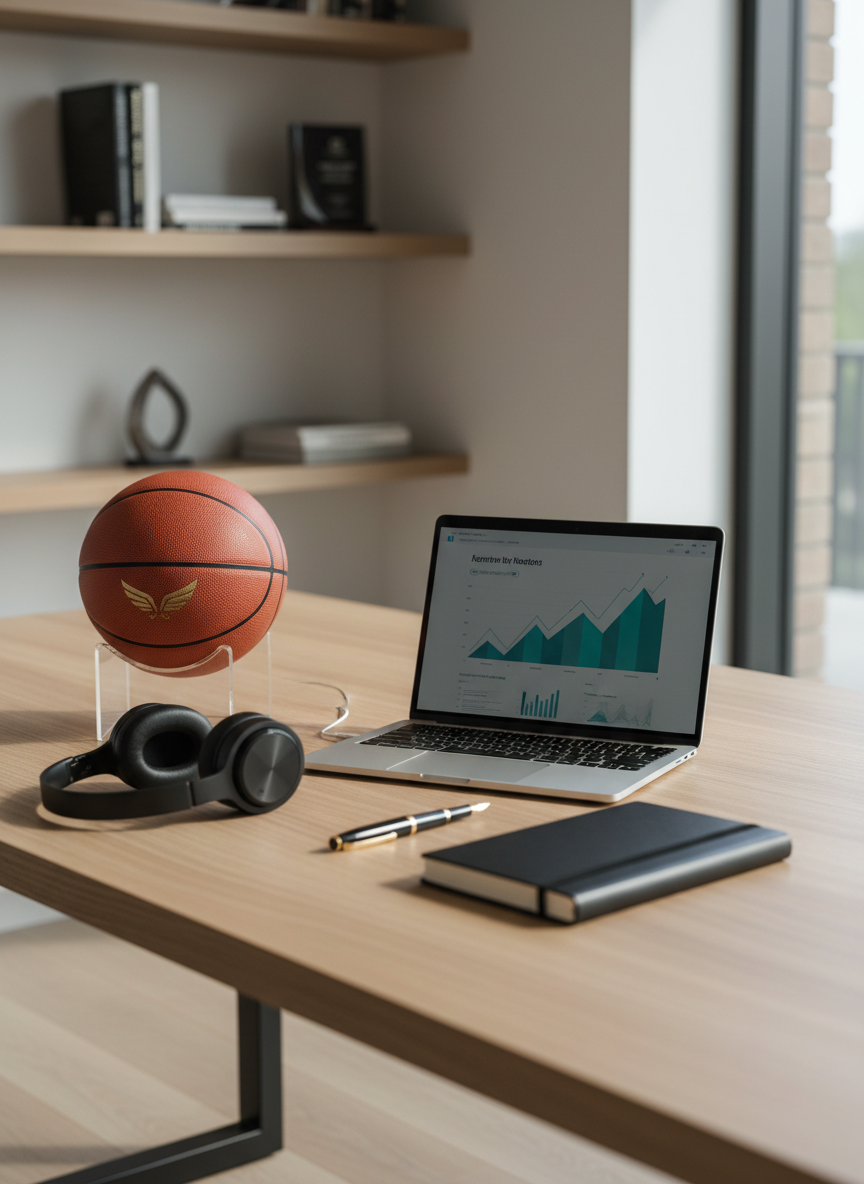 A modern home office desk setup designed for an elite basketball athlete’s brand management, shown in clean photographic realism. A slim laptop on a light oak desk displays a blurred, generic analytics dashboard with upward-trending graphs, while a basketball branded only with a discreet gold emblem rests on a clear acrylic stand nearby. A pair of wireless headphones, a minimalist black notebook, and a sleek pen complete the arrangement. Natural daylight filters in from a window to the right, creating soft, even illumination and faint shadows. Shot from a three-quarter elevated angle with sharp focus throughout, the scene feels professional, organized, and business-oriented, emphasizing NIL negotiations, social media strategy, and overseas contract planning without showing any human presence.