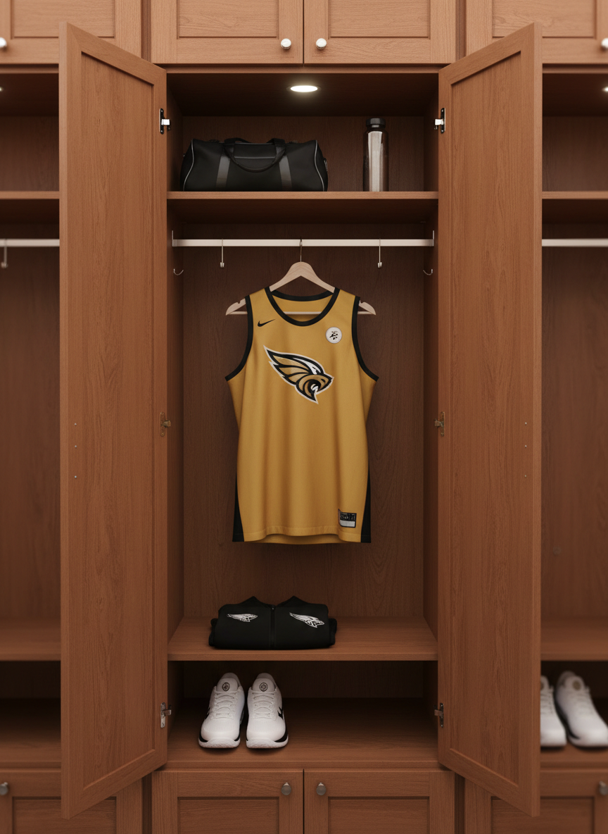 A sleek wooden locker interior in photographic realism, doors open to reveal carefully arranged professional basketball essentials: a generic gold-and-black uniform hanging neatly, a pair of well-maintained white sneakers aligned below, and a neatly folded warmup jacket on the bench. On the upper shelf, a simple black duffel bag and a clean water bottle are precisely placed. The wood has a rich, medium-brown tone with a subtle satin finish, catching the warm, even locker-room lighting from above. The mood is orderly, focused, and aspirational, suggesting readiness for both collegiate and overseas professional play. Composed at eye level with moderate depth of field, background lockers softly blurred to keep attention on the central locker as a symbol of a growing personal brand.