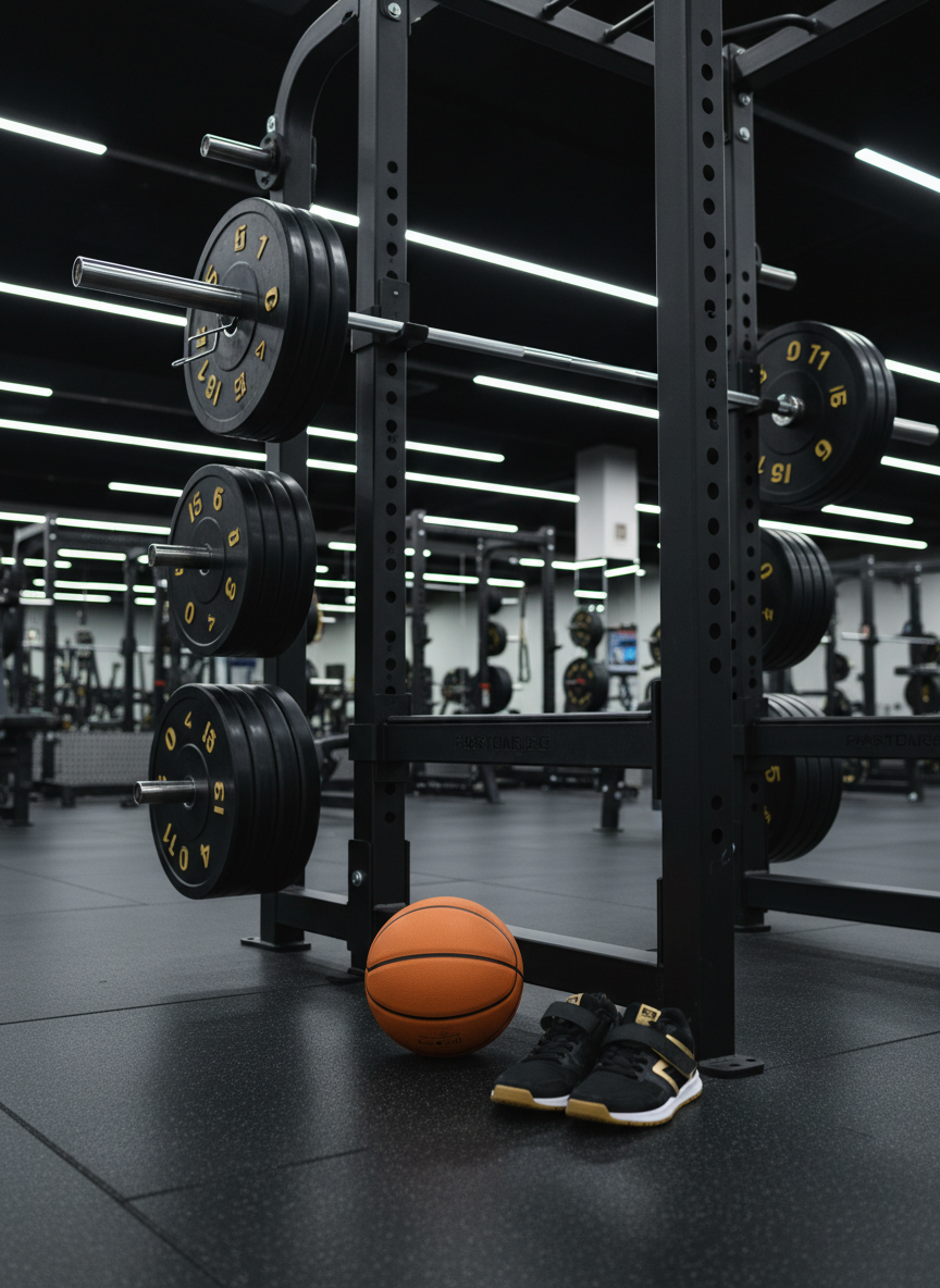 A high-end weight room corner in photographic realism, featuring a spotless black squat rack loaded with moderate weight plates in coordinated black and gold tones. On the polished rubber flooring lies a carefully positioned basketball and a pair of neatly placed lifting shoes, suggesting a hybrid of strength training and on-court performance. Overhead LED strip lights cast clean, cool-toned illumination with crisp highlights on metal surfaces and controlled shadows beneath equipment. The composition is shot from a slightly low angle, using rule of thirds to create depth with blurred racks in the background. The atmosphere is intensely focused and disciplined, perfect for communicating the behind-the-scenes work ethic of a top collegiate center preparing for professional opportunities.
